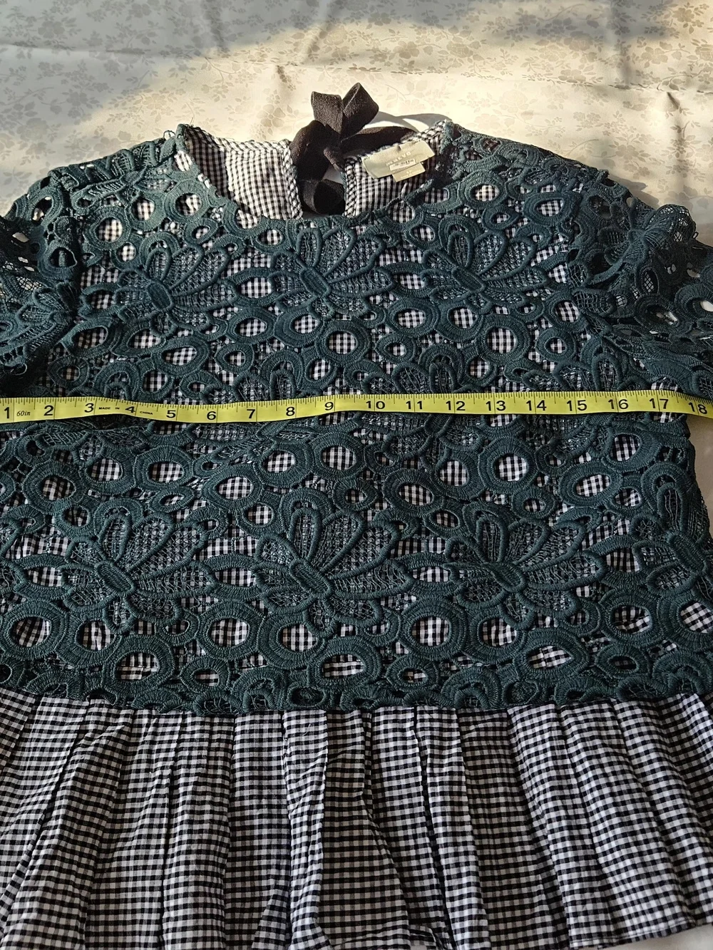 ​Maeve Anthropologie Dark Green Floral Guipure Lace & Gingham Peplum Blouse,Sz S